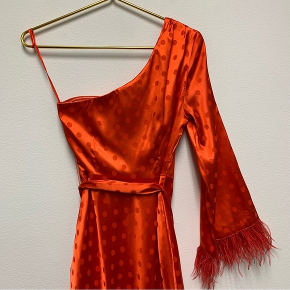 Vici Margaux Satin Feather Trim Midi Dress XS One Shoulder Holiday Christmas Red - Picture 12 of 16